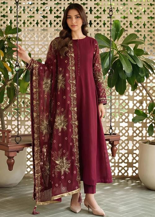 3 Piece Embroidered Chiffon Dress - Silk Trousers; Heavily Embroidered Dupatta