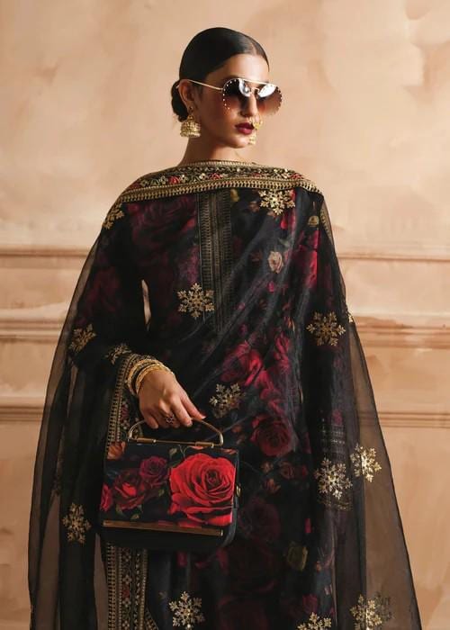 Embroidered Lawn Suit: Red Roses on Black, Palazzo Pants & Silk Dupatta