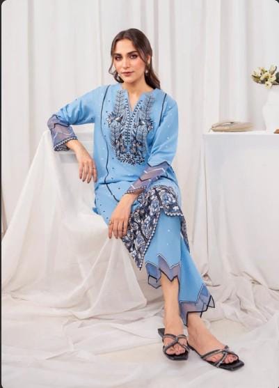 2 piece - Blue Embroidered Co-Ord Lawn Suit