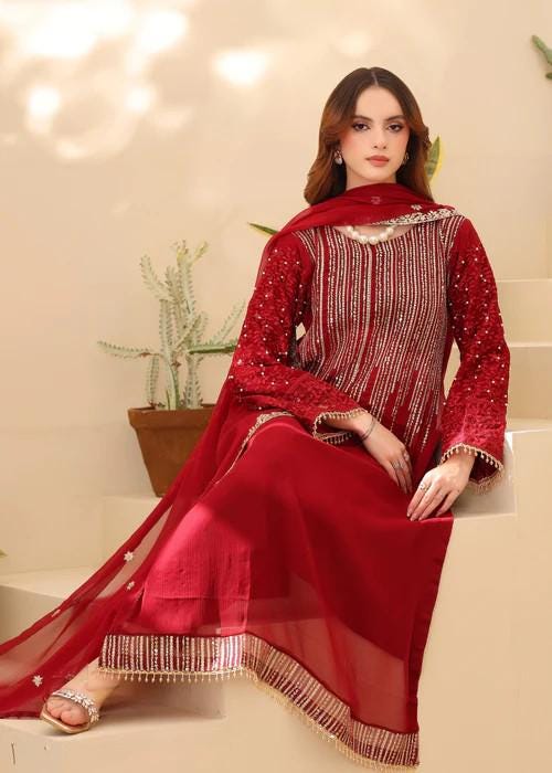 3 Piece Embroidered Chiffon Dress - Silk Trousers