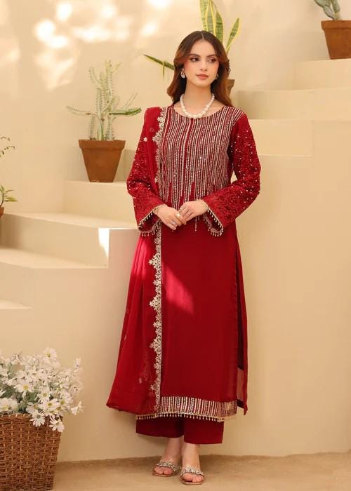 3 Piece Embroidered Chiffon Dress - Silk Trousers