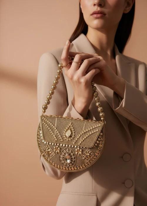 Handcrafted Moonlit Gold Mesh Clutch