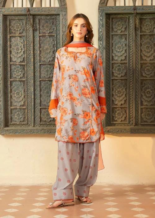 3 Piece Printed Raw Silk Farshi Shalwar Suit - Chiffon Dupatta
