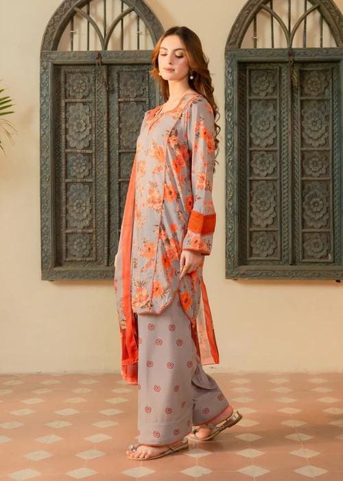3 Piece Printed Raw Silk Farshi Shalwar Suit - Chiffon Dupatta