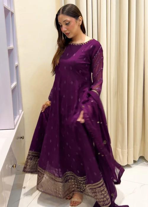 3 Piece Embroidered Chiffon Dress - Plum Color