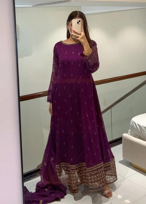 3 Piece Embroidered Chiffon Dress - Plum Color