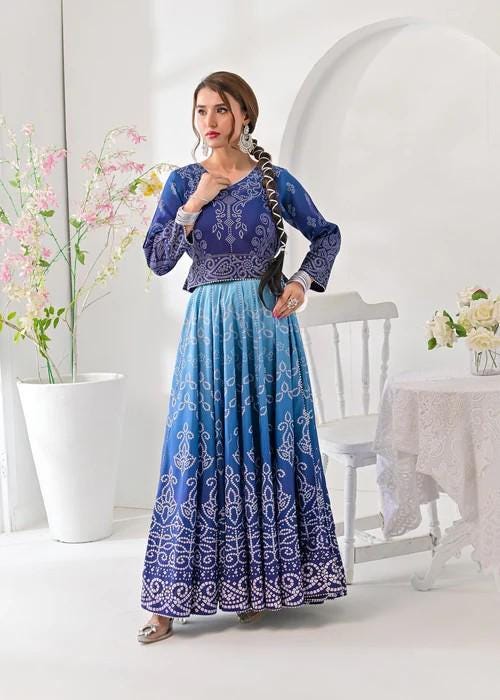 Raw Silk Lehenga Maxi Dress - Blue