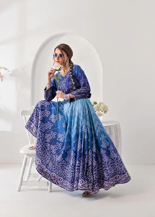 Raw Silk Lehenga Maxi Dress - Blue