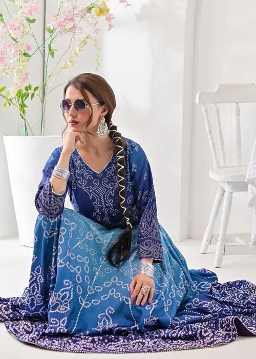 Raw Silk Lehenga Maxi Dress - Blue