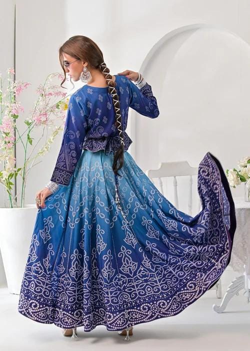 Raw Silk Lehenga Maxi Dress - Blue