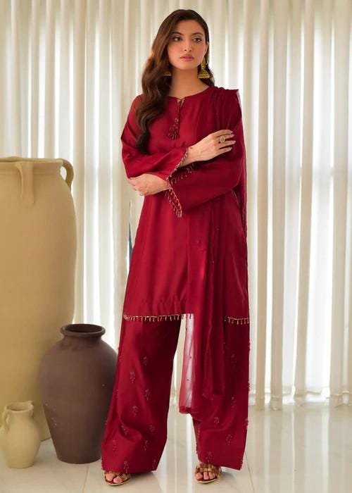 Embroidered Raw Silk Farshi Shalwar with Chiffon Dupatta - Maroon