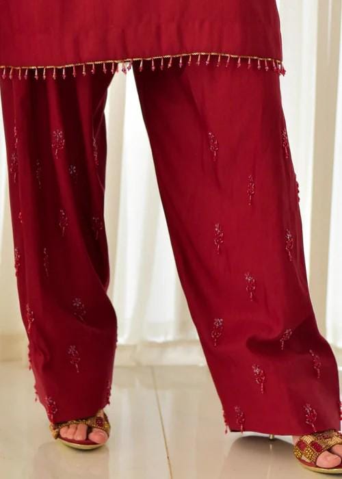 Embroidered Raw Silk Farshi Shalwar with Chiffon Dupatta - Maroon