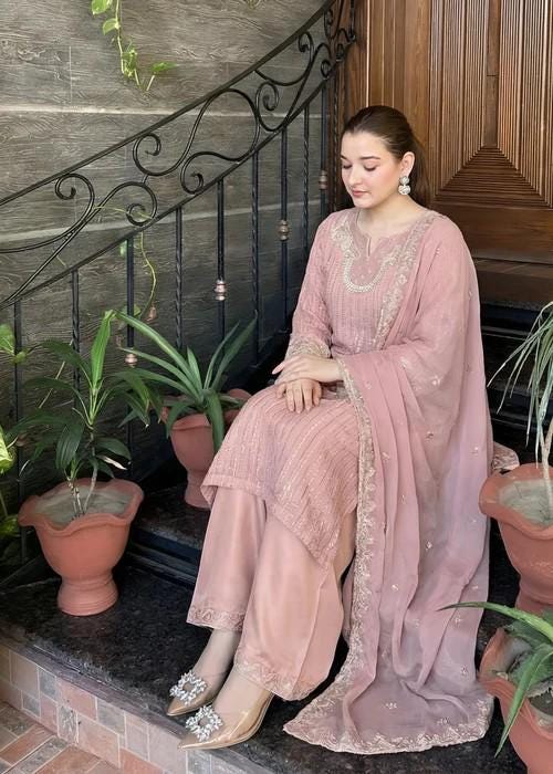 Embroidered Chiffon and Raw Silk Palazzo Long Kurta Suit