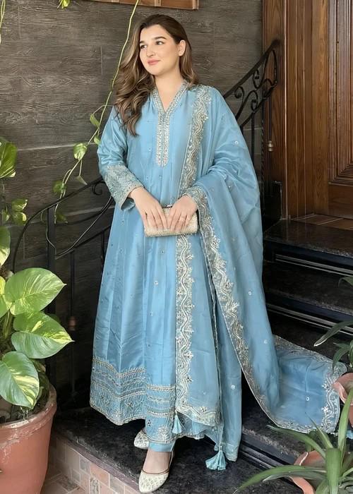 3 Piece Embroidered Silk Maxi Dress - Ice Blue