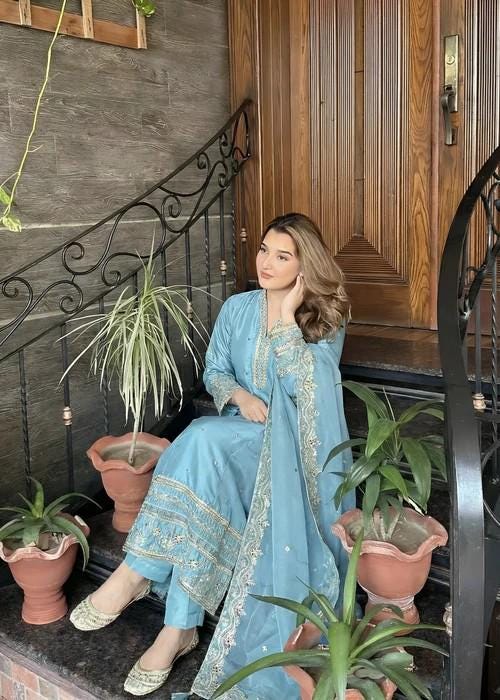 3 Piece Embroidered Silk Maxi Dress - Ice Blue