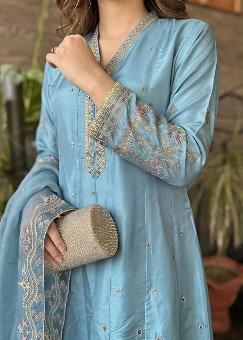 3 Piece Embroidered Silk Maxi Dress - Ice Blue