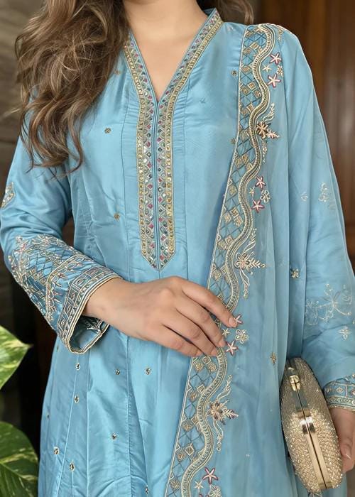 3 Piece Embroidered Silk Maxi Dress - Ice Blue