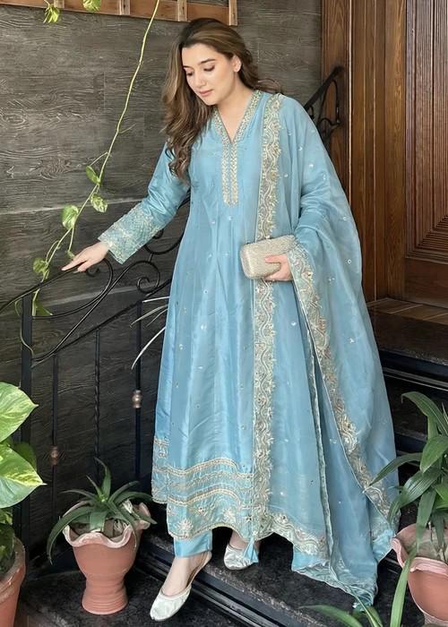 3 Piece Embroidered Silk Maxi Dress - Ice Blue