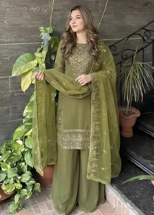 Embroidered Chiffon Sharara - Olive Green