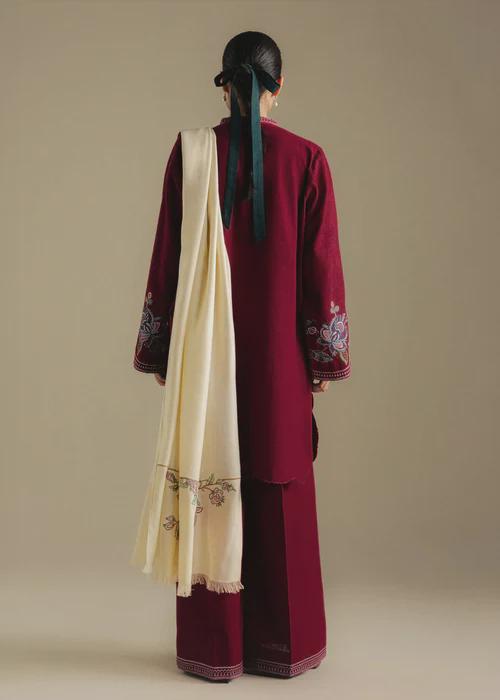 3 Piece Embroidered Linen Palazzo Suit - Burnt red