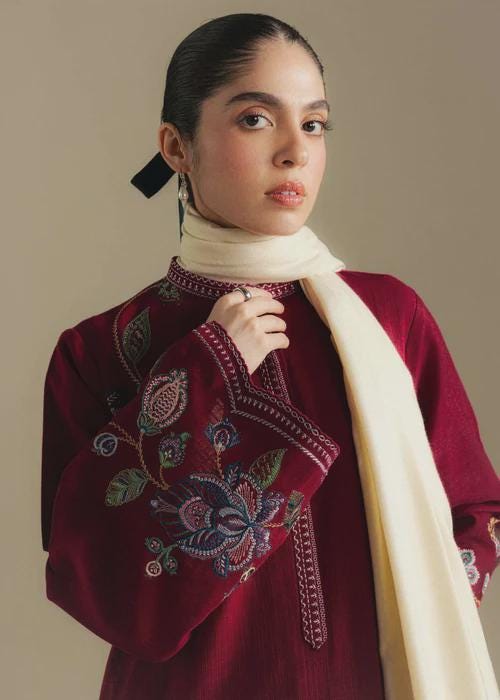 3 Piece Embroidered Linen Palazzo Suit - Burnt red