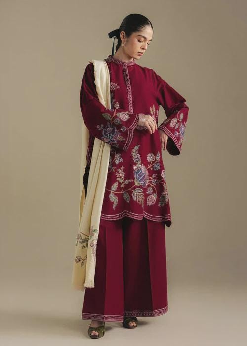 3 Piece Embroidered Linen Palazzo Suit - Burnt red