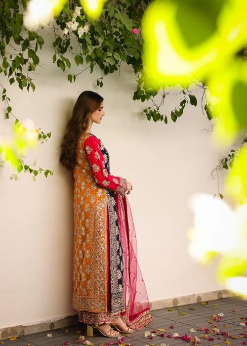 4 Piece Embroidered Chiffon Suit - Raw Silk Pants with Potli bag