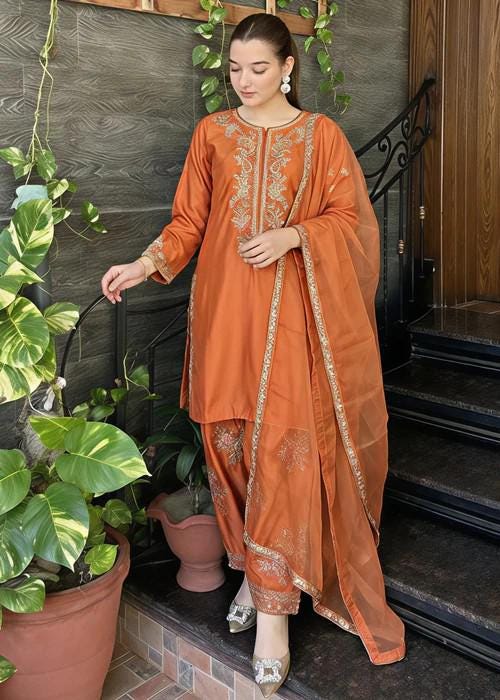 Embroidered Silk Farshi Shalwar Suit with Organza Dupatta - 3 Piece - Rust Orange