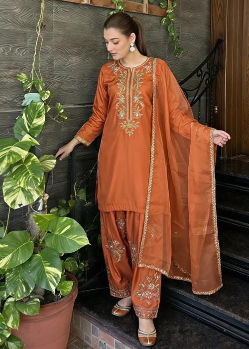 Embroidered Silk Farshi Shalwar Suit with Organza Dupatta - 3 Piece - Rust Orange