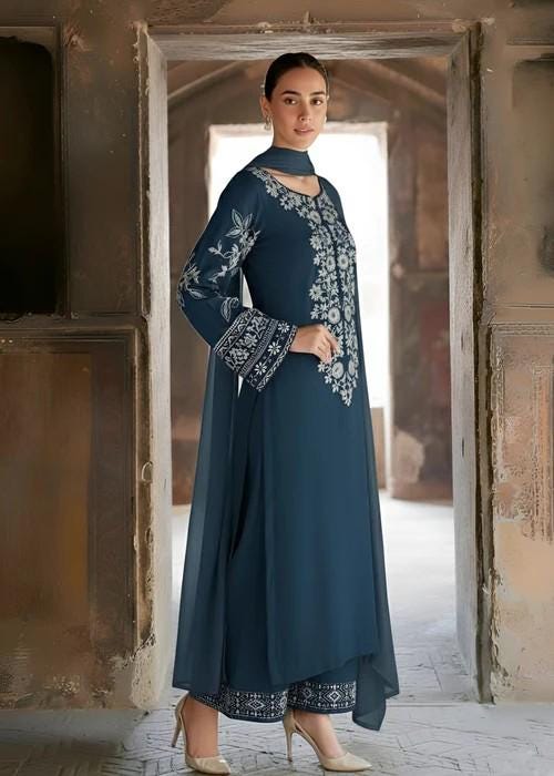 Embroidered Linen Long Kurta Suit - 2 Piece - Blue