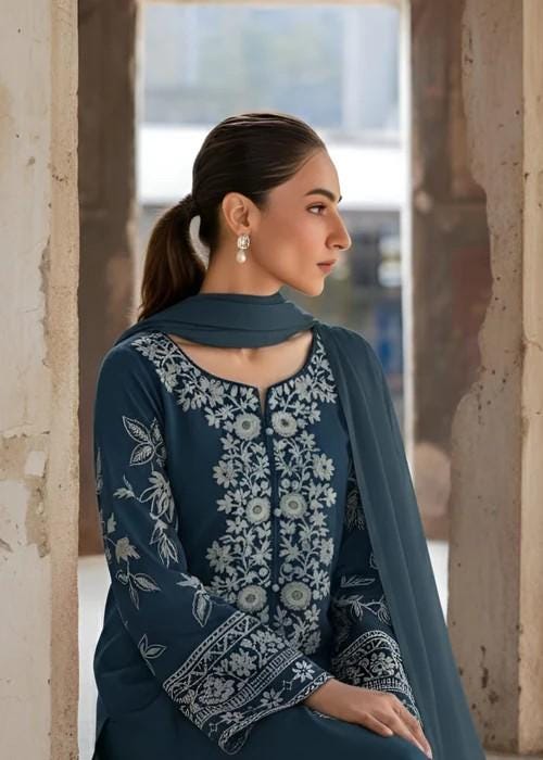 Embroidered Linen Long Kurta Suit - 2 Piece - Blue
