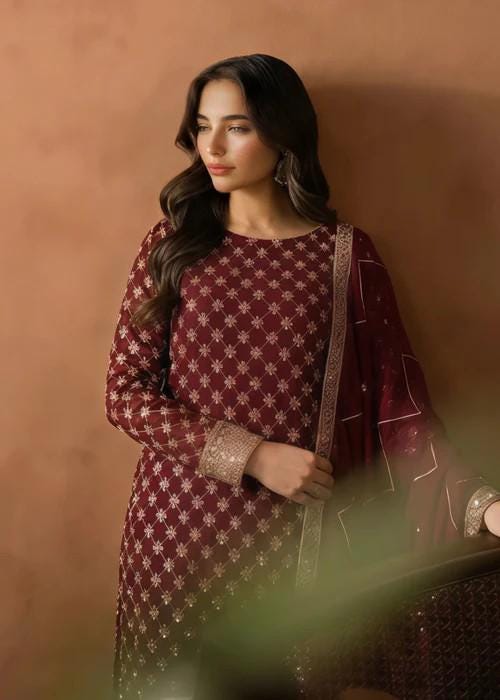 3 Piece Embroidered Chiffon Palazzo Suit - Silk Pants