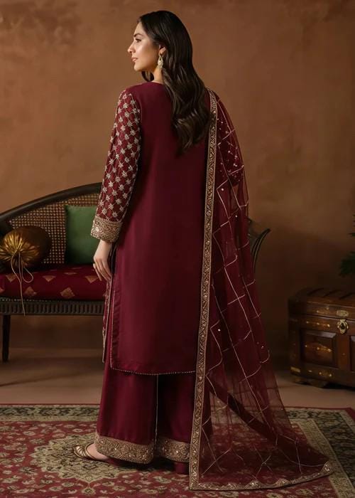 3 Piece Embroidered Chiffon Palazzo Suit - Silk Pants