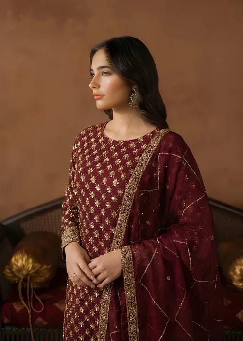 3 Piece Embroidered Chiffon Palazzo Suit - Silk Pants