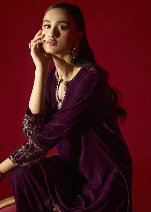 Embroidered Velvet Kurta Set - 2 Piece Designer Wear - Deep Purple