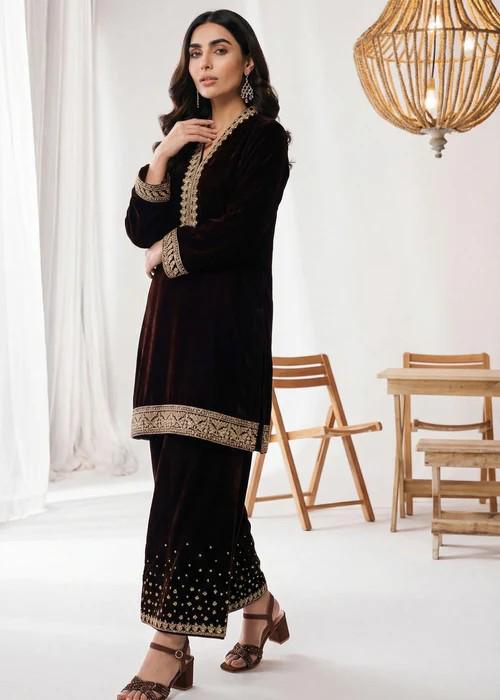 Embroidered Velvet Kurta Set - 2 Piece Designer Wear - Maroon