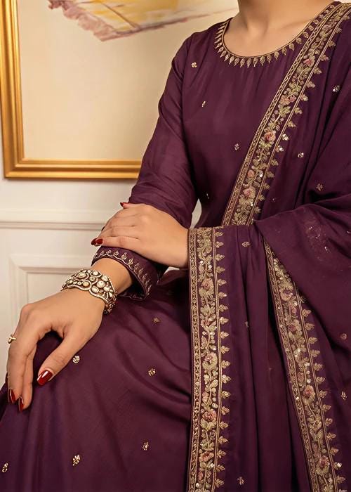 Embroidered Silk Farshi Shalwar with Chiffon Dupatta - Plum Purple