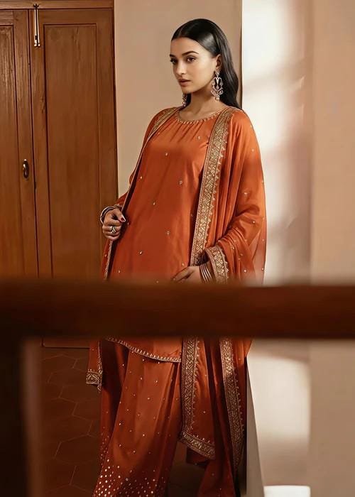 Embroidered Luxurious Silk Farshi Shalwar with Chiffon Dupatta - Rust