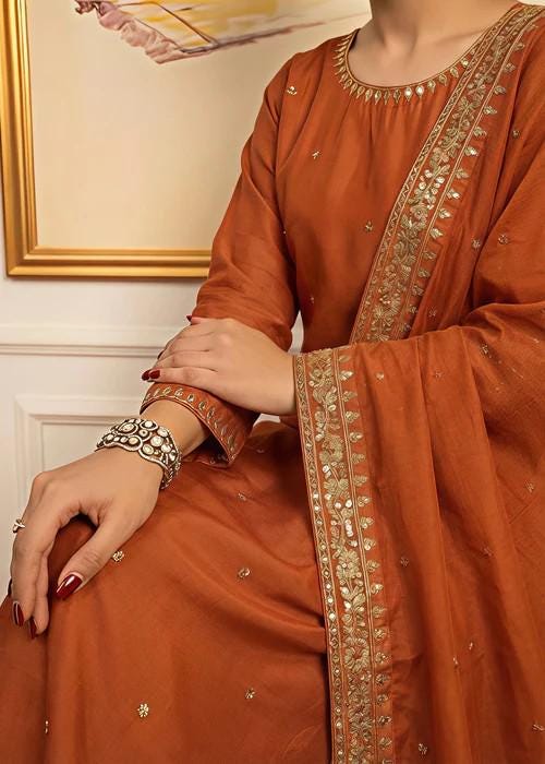 Embroidered Luxurious Silk Farshi Shalwar with Chiffon Dupatta - Rust