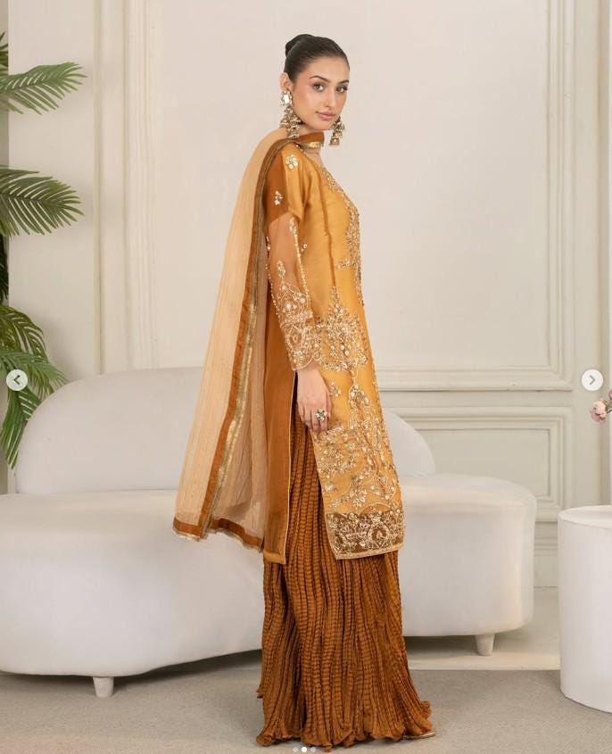 Embroidered Organza and Raw Silk Crush Sharara Suit - 3 Piece