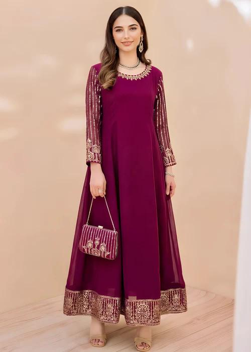 Embroidered Chiffon Dress with Potli Bag - Magenta - 4 Piece