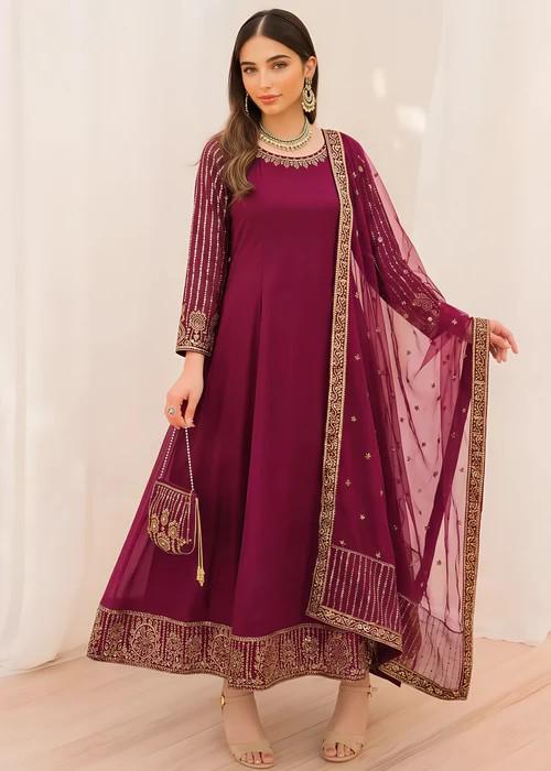 Embroidered Chiffon Dress with Potli Bag - Magenta - 4 Piece