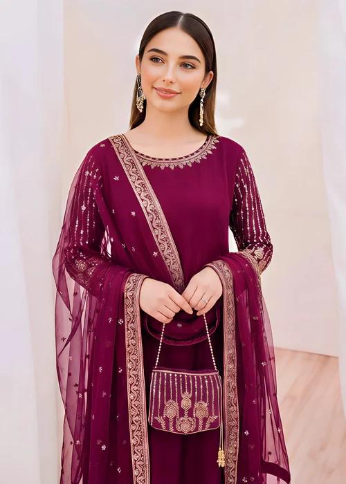 Embroidered Chiffon Dress with Potli Bag - Magenta - 4 Piece
