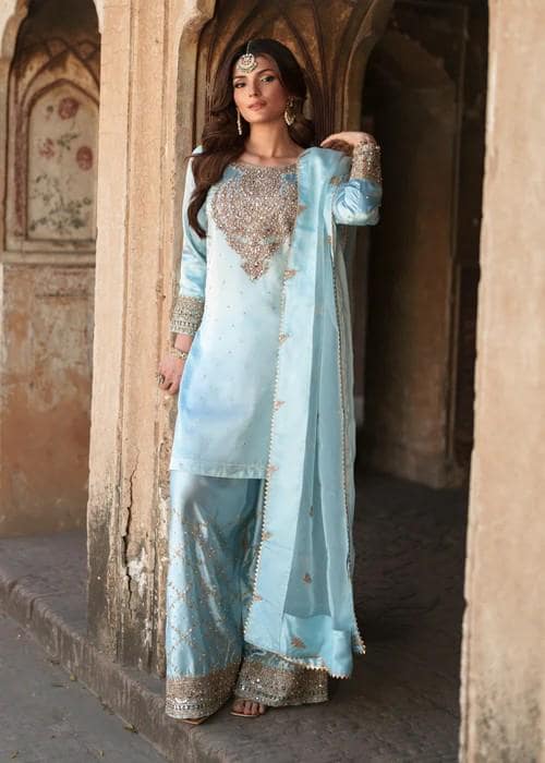 4 Piece - Embroidered Charmeuse Silk Farshi Shalwar Suit - Organza Dupatta - Potli Bag