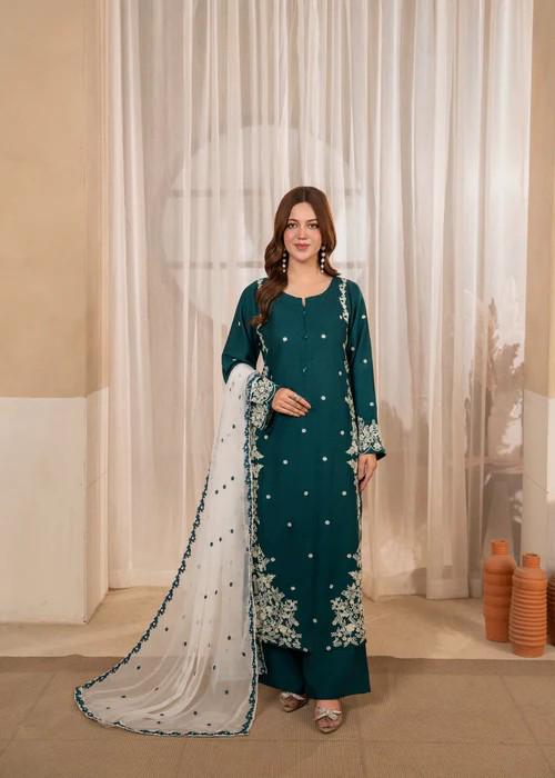 Embroidered Linen Culotte Suit - Chiffon Dupatta - Pine Green