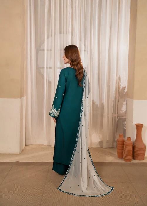 Embroidered Linen Culotte Suit - Chiffon Dupatta - Pine Green