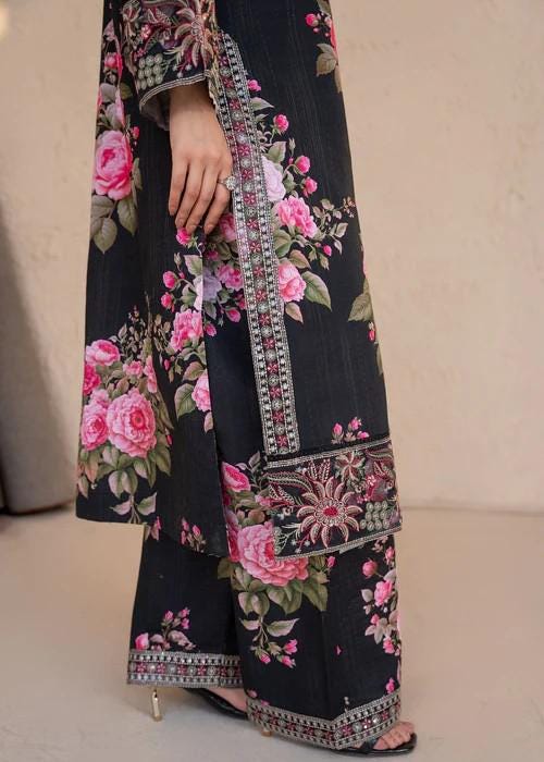 3 piece - Embroidered Cotton Palazzo Suit -  With Herringbone Shawl