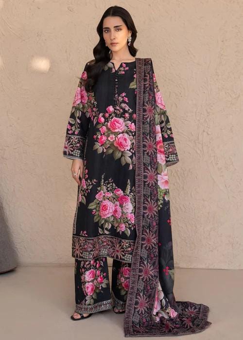 3 piece - Embroidered Cotton Palazzo Suit -  With Herringbone Shawl