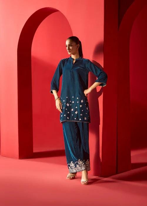 Embroidered Velvet Kurta Set - 2 Piece Designer Wear - Teal