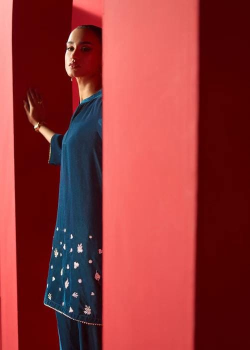Embroidered Velvet Kurta Set - 2 Piece Designer Wear - Teal
